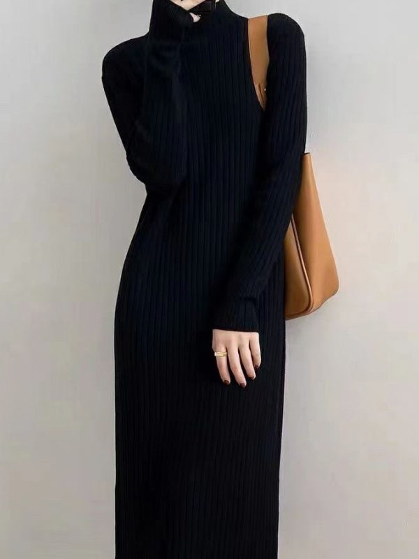 Long Sleeves Loose Fringed Solid Color Mock Neck Midi Dresses Sweater Dresses