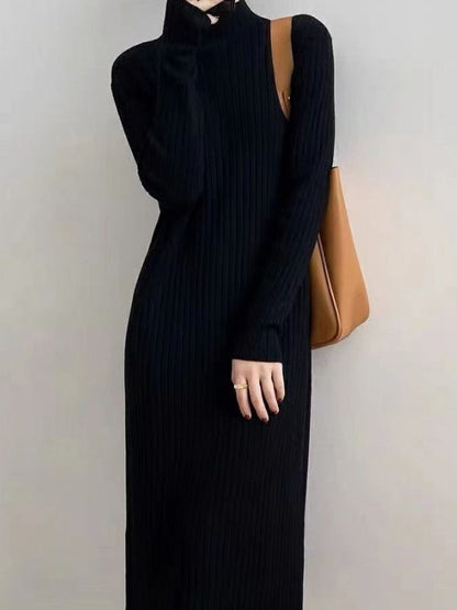 Long Sleeves Loose Fringed Solid Color Mock Neck Midi Dresses Sweater Dresses