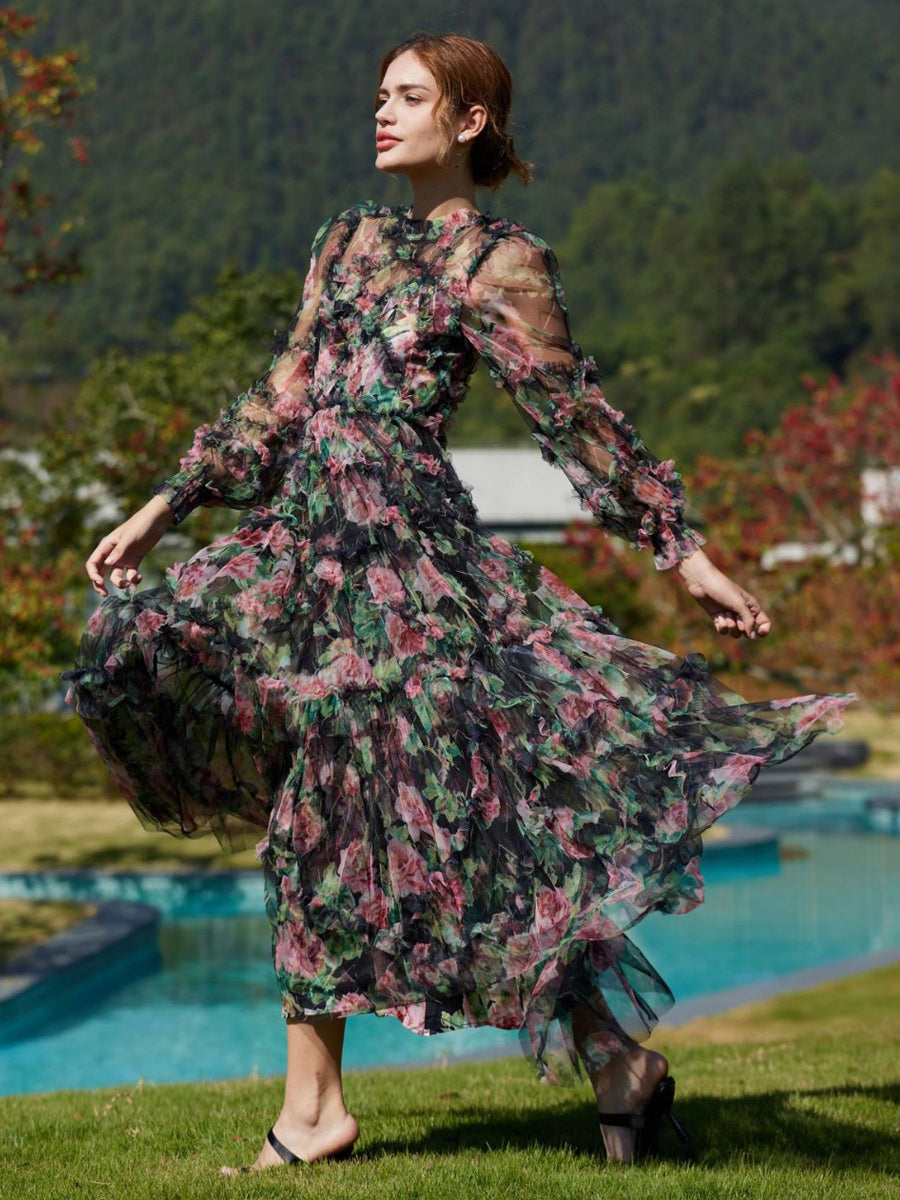 Floral Dress Illusion Neck And Sleeves High Collar Teried Party Maxi Dresses