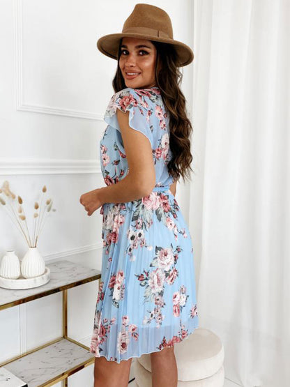 Mini Dresses Black Floral Print Short Sleeves Short Dress