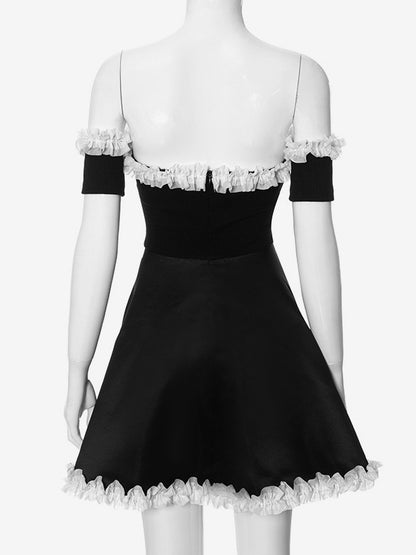 Off Shoulder Dress Ruffles Trim Contrast Sexy Mini Dresses