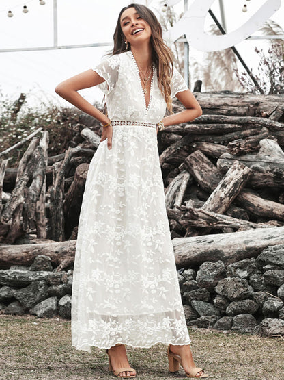 V-Neck Maxi Dress Short Sleeves Casual Floor Length Dress