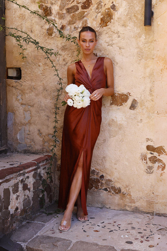 Satin Deep V-Neck Sleeveless Open-Back Cinched Waist Column Maxi Dress