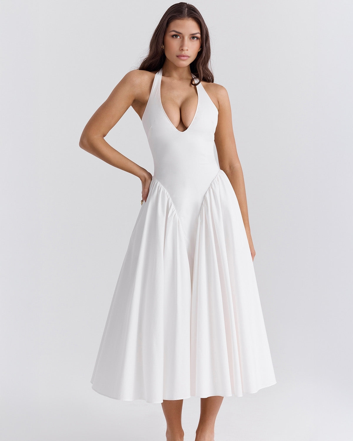 Halter Deep V Drop Waist Gathered Pleated Midi Dress