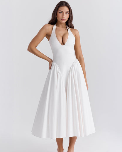 Halter Deep V Drop Waist Gathered Pleated Midi Dress