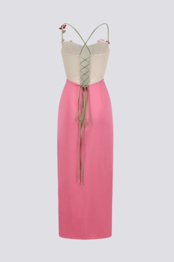 3D Floral Applique Ribbed Corset Bodice Draped Front Satin Maxi Dress
