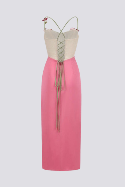 3D Floral Applique Ribbed Corset Bodice Draped Front Satin Maxi Dress