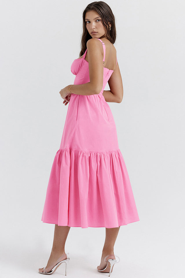 Floral Print Sweetheart Bustier Wide Strap Tiered Ruffle Hem Midi Dress