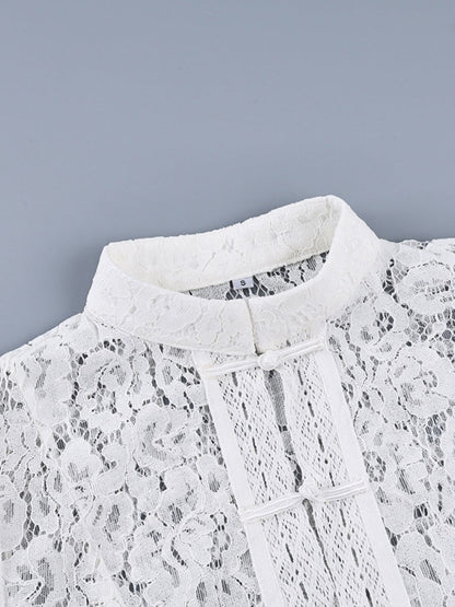 Lace Crochet Stand Collar Slim-fit Long Sleeve Sheer Top