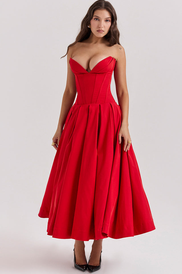 Strapless Deep Plunge Corset Boned Pleated A-Line Midi Dress