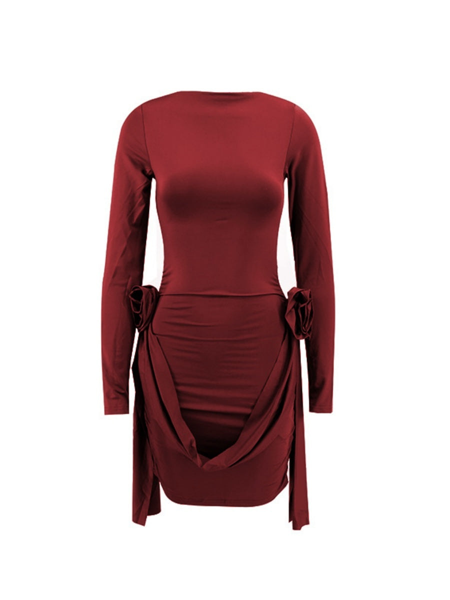 One-shoulder Collar Pleated Ribbon 3D Flowers Sexy Mini&Short Dresses