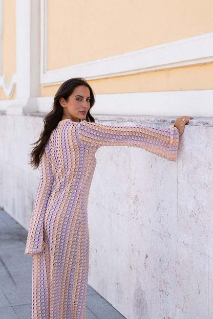 Scallop Circle Print Deep V-Neck Long Sleeve Front Slit Maxi Dress