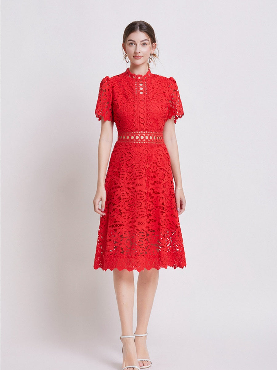 Lace Waist-cinching Hollow-out Midi Dress