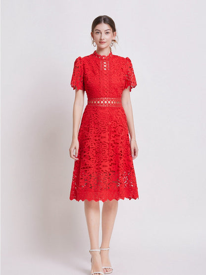 Lace Waist-cinching Hollow-out Midi Dress