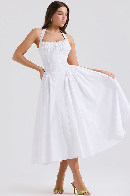 Halter Sweetheart Neck Lace Trim Ditsy Floral Corset Bodice Midi Dress