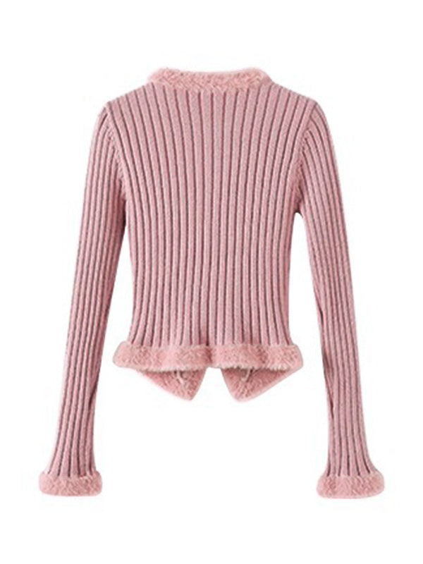 Solid V Neck Fuzzy Trim Slim Ribbed Knit Cardigan