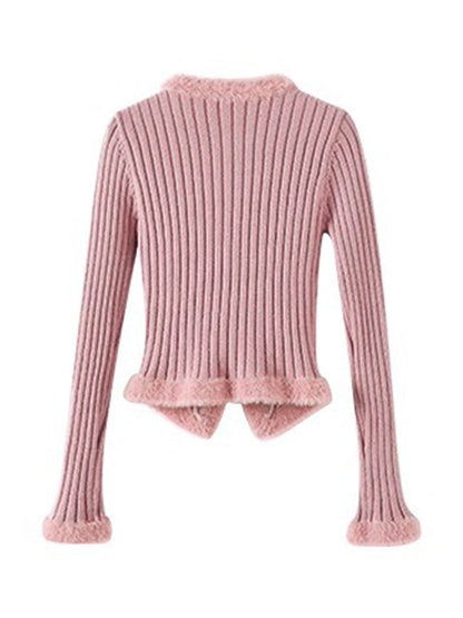Solid V Neck Fuzzy Trim Slim Ribbed Knit Cardigan
