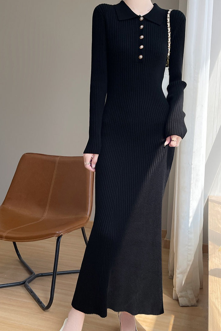 Rib Knit Polo Collar Pearl Button Long Sleeve Maxi Sweater Dress