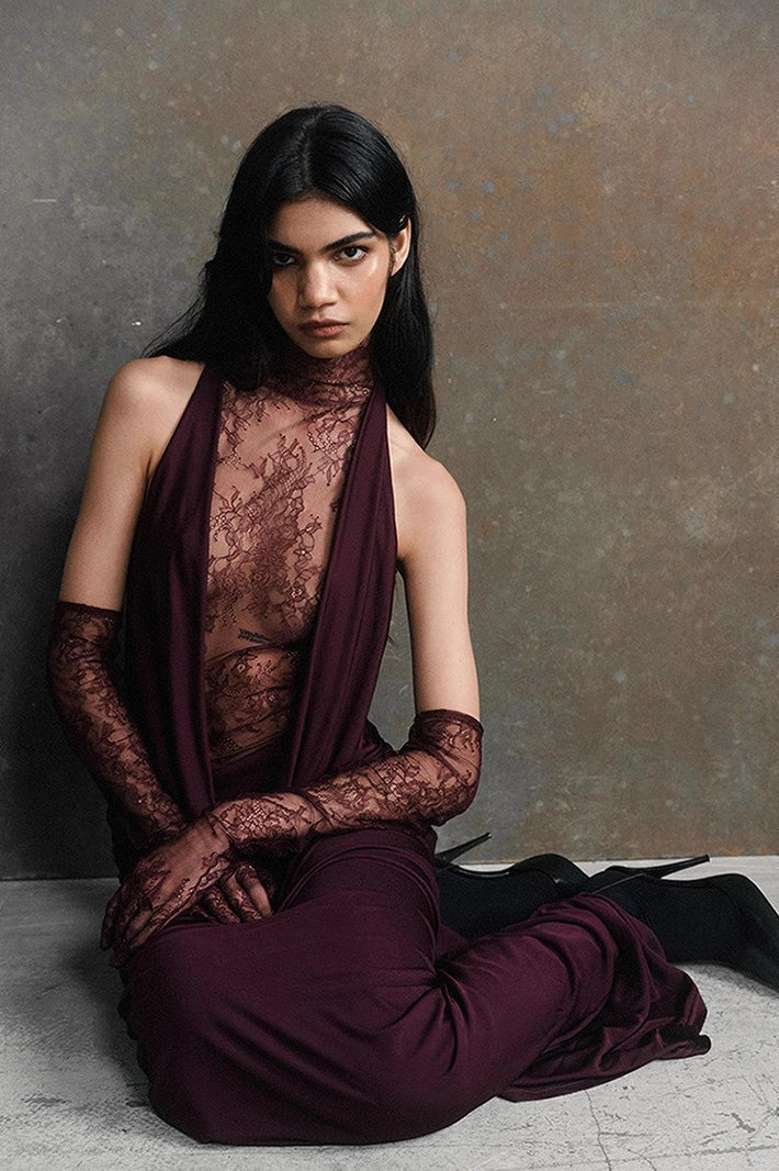 Mock Neck Lace Cowl Overlay Ruched Column Maxi Dress