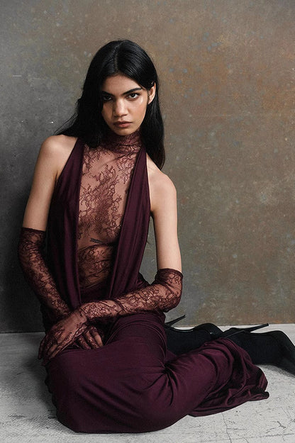 Mock Neck Lace Cowl Overlay Ruched Column Maxi Dress