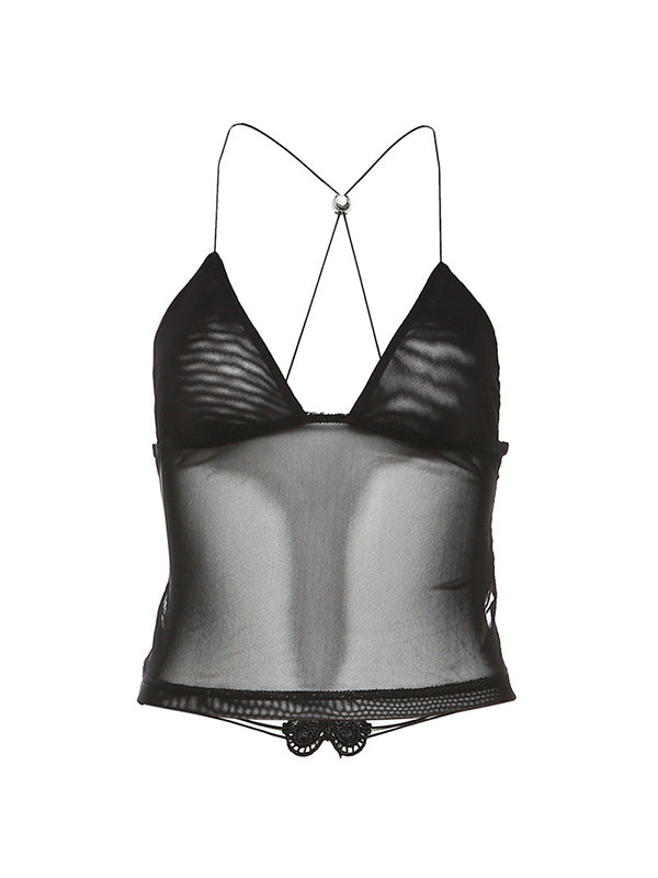 Mesh Butterfly Embroidery Backless Halter Vest