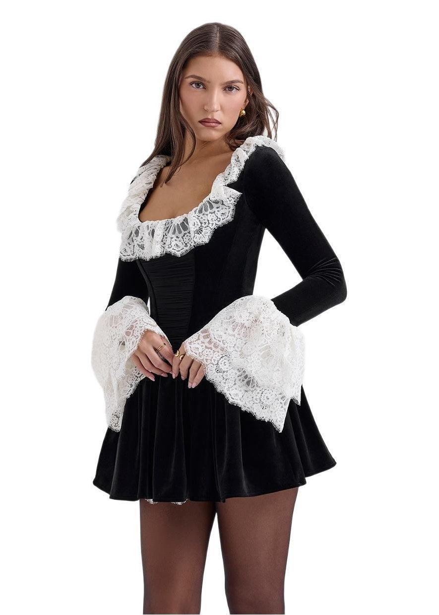 Lace Collar Bell Cuff Long Sleeve Ruched Corset Bodice Velvet Skater Mini Dress