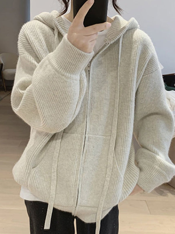 Solid Hooded Zip Up Knit Cardigan