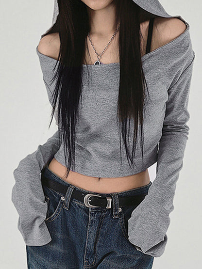 Off Shoulder Hooded Long Sleeve Tee