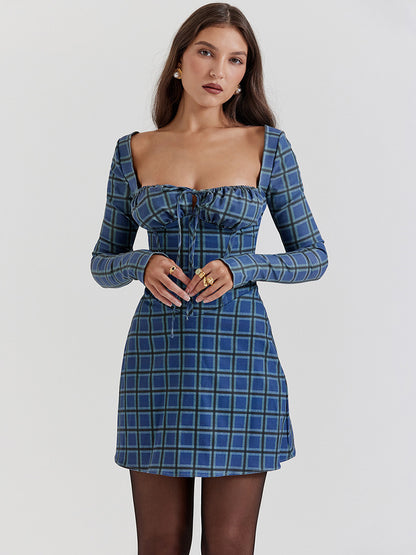 Sweet Sheath Dress Mini Floral Square Neck Long Sleeves Lace-up Mini Dresses