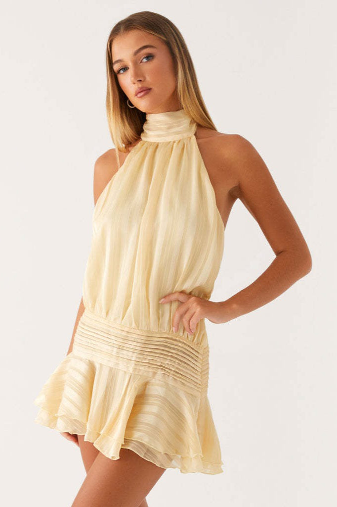 High Neck Halter Smocked Drop Waist Tiered Ruffle Mini Dress