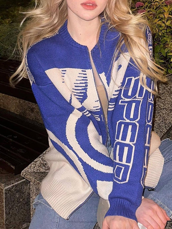 Vintage Graphic Zip Up Knit Cardigan