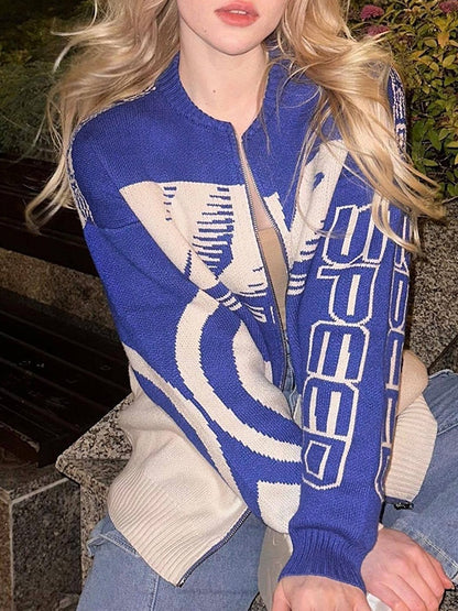 Vintage Graphic Zip Up Knit Cardigan