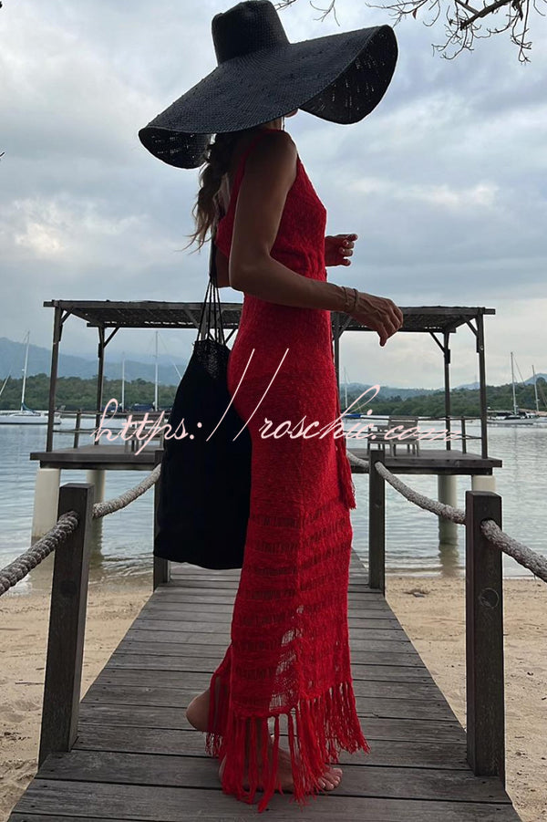Sexy Cutout Slim Fit Fringed Hem Knitted Maxi Dress