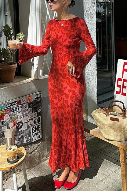 Bell Long Sleeves Floral Print Maxi Dress
