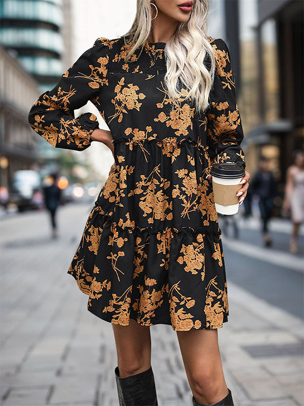 A-Line High Waisted Elasticity Flower Print Split-Joint Round-Neck Mini Dresses