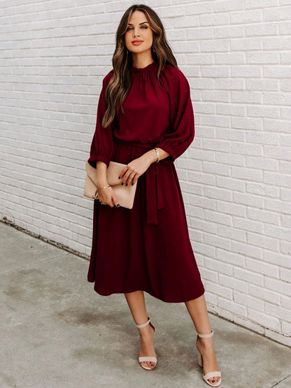 Sash Jewel Neck 3/4 Length Sleeves Midi Dress