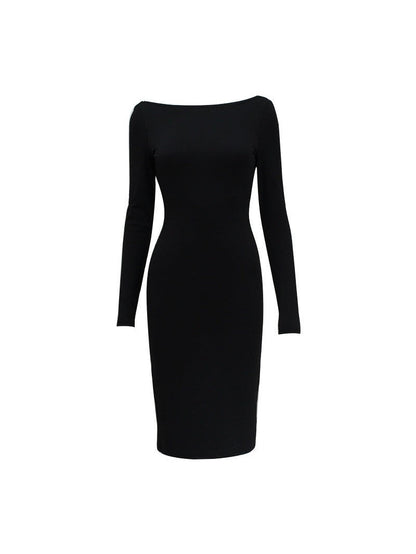 Full Sleeves Backless Pure Slit Midi Dress with Zipper