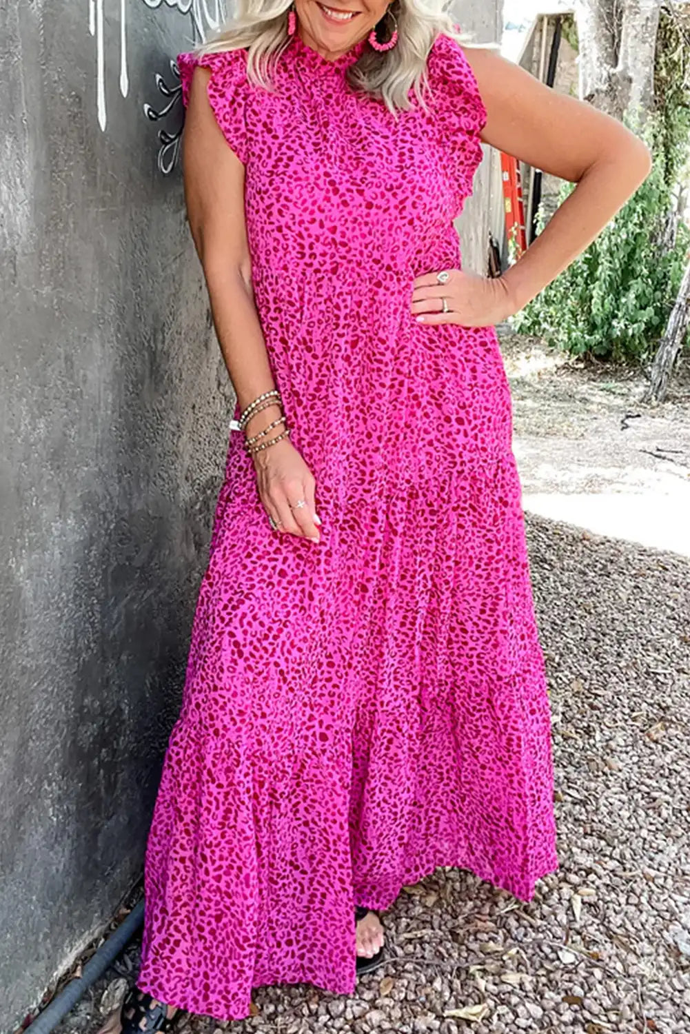 rose red leopard ruffle maxi dress
