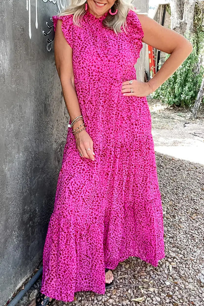 rose red leopard ruffle maxi dress