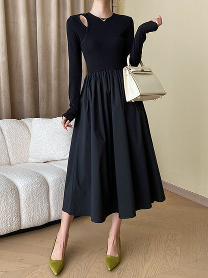 A-Line Long Sleeves Elasticity Hollow Solid Color Split-Joint Round-Neck Midi Dresses