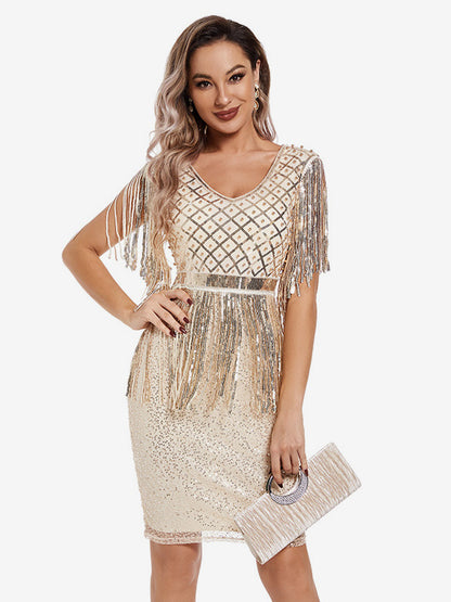 Vintage Tassel Mini Dress V-neck Diamond Pattern Birthday Party Dresses