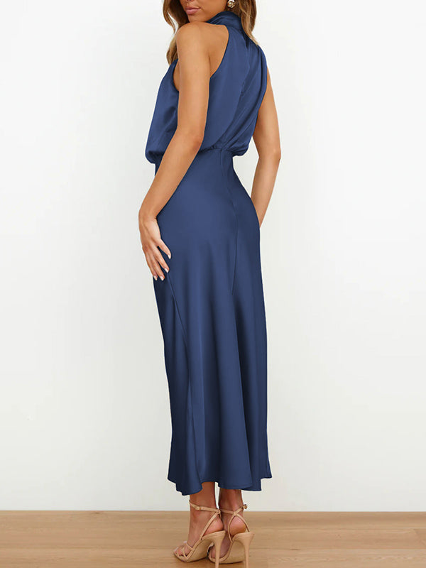 Sleeveless Solid Color Halter-Neck Midi Dresses