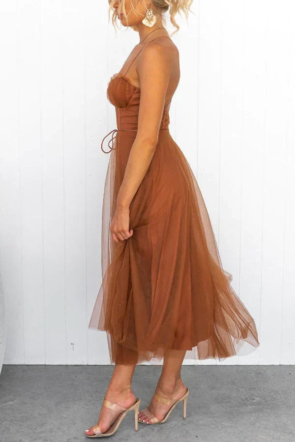 Sweetheart Neck Spaghetti Strap Corset Lace Up Tulle Skirt Midi Dress