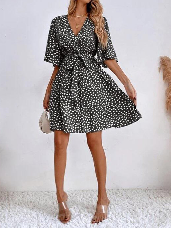Loose Pleated Printed Ruffled Tied Waist V-Neck Mini Dresses
