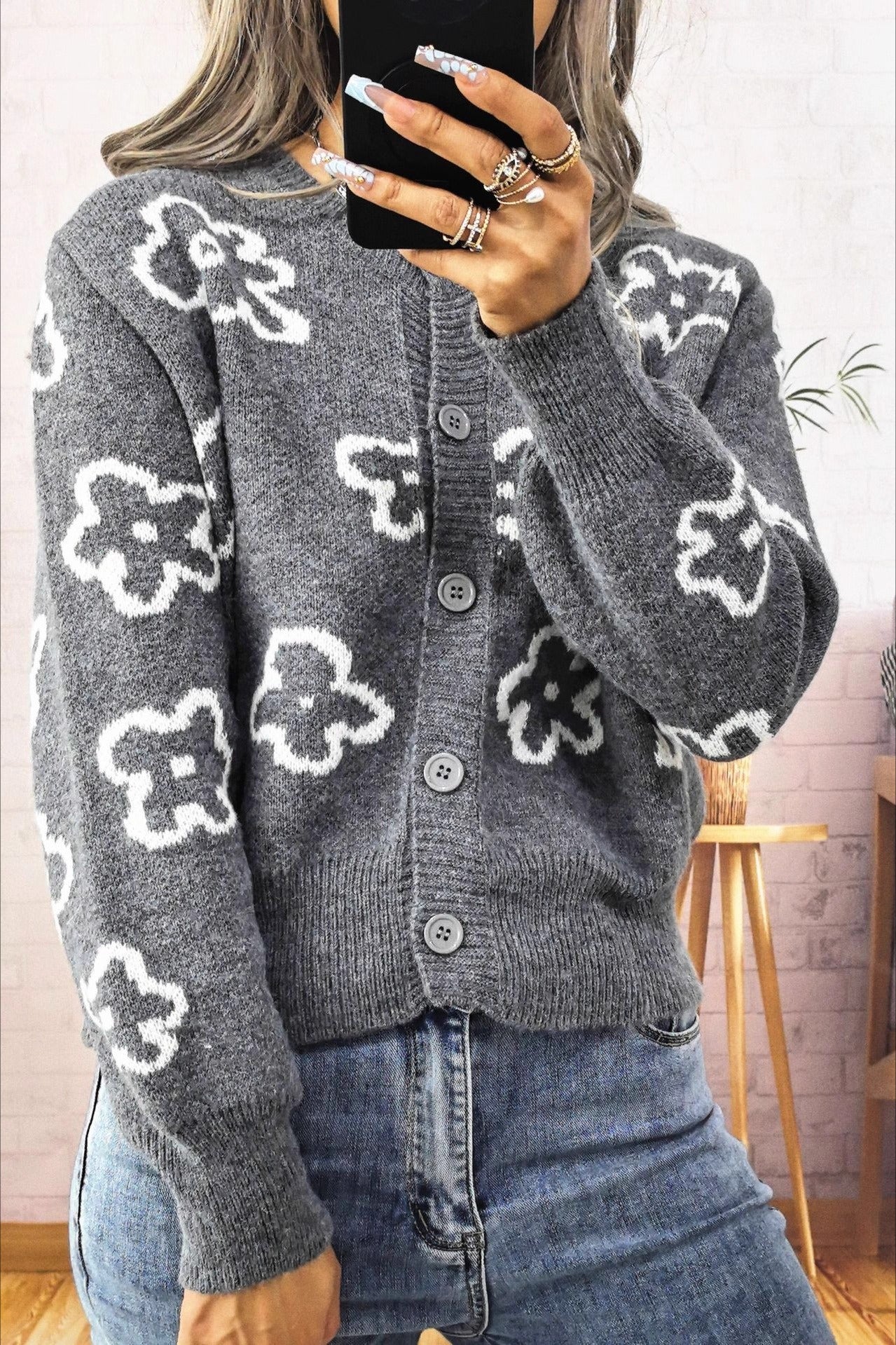 Floral Jacquard Short Single-Row Button Knit Cardigan