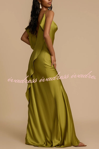 Evening Date Satin Cowl Neck Drape Ruffle Backless Bias Cut Party Maxi Dress