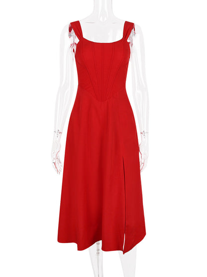 Corset Dress Floral Wide Strap Backless Lace Up Slit Sexy Party Midi Dresses