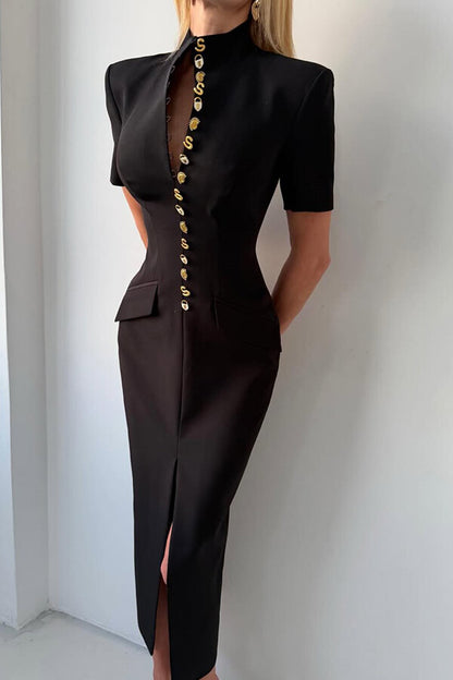 Kathy Unique Metal Pattern Buttons High Neck Short Sleeve Pencil Slit Midi Dress