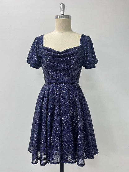 Dark Navy Mini Dress U-Neck Sequins Short Sleeves Birthday Party Dresses
