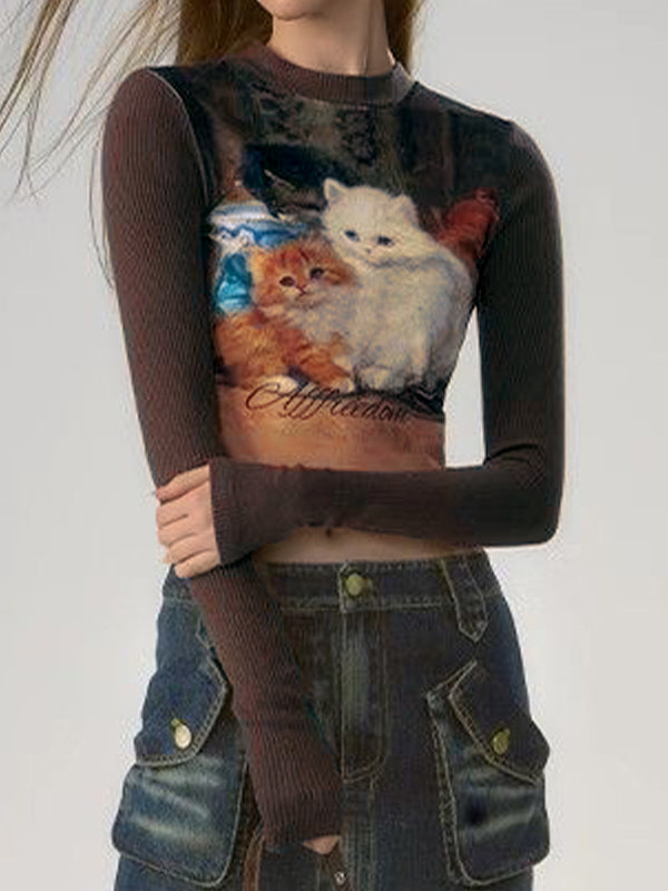 Kitten Print Splice Slim Long Sleeve Knit